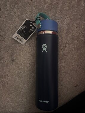 Hydro Flask Navy Bottle with Blue Cap and Teal Strap